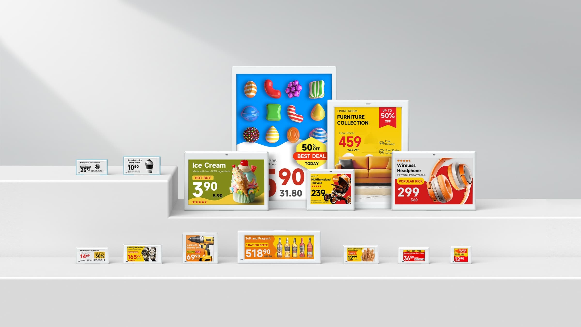The electronic shelf label range in every size, from small price tags to large promotional labels, on white steps