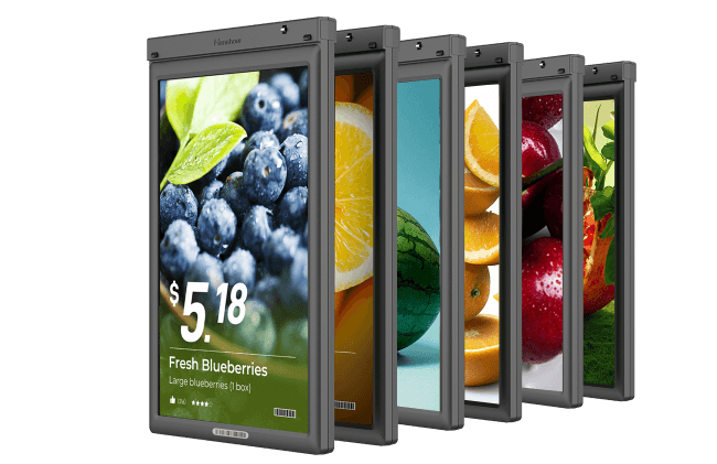 Full-color LCD shelf labels fanned out showing fresh produce prices